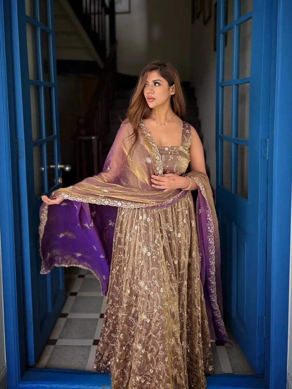 Mauve Shot Silk Floral Gown