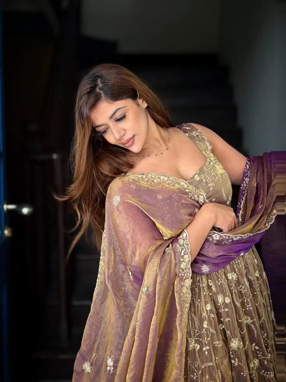 Mauve Shot Silk Floral Gown