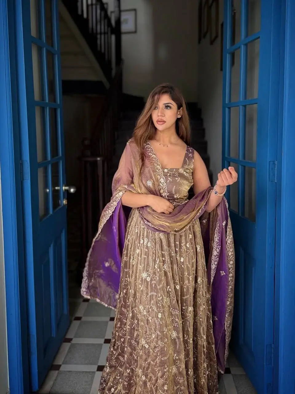 Mauve Shot Silk Floral Gown