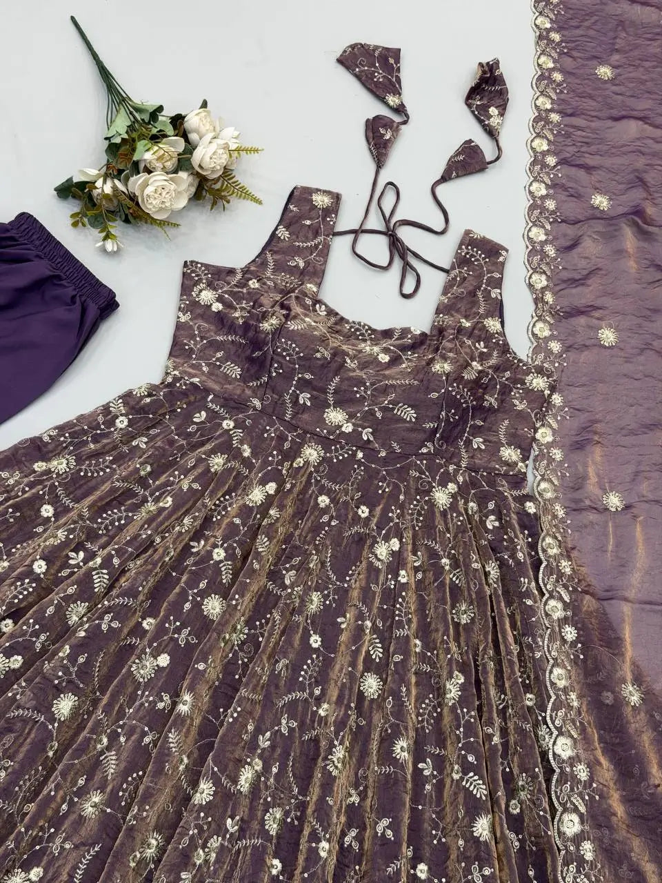 Mauve Shot Silk Floral Gown