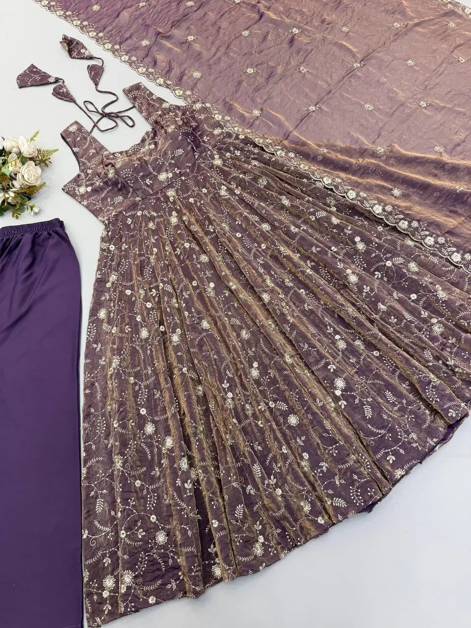 Mauve Shot Silk Floral Gown
