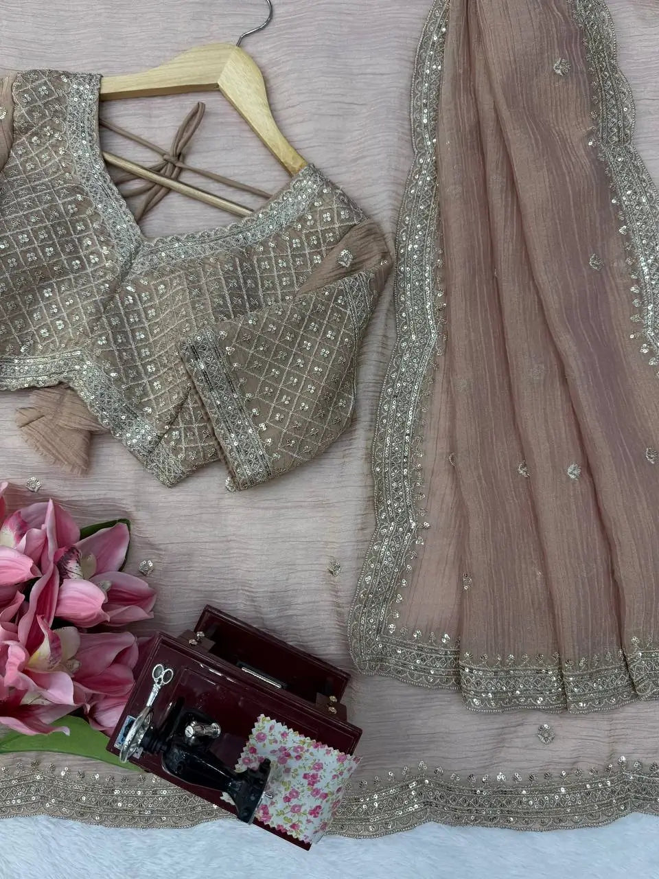 Mauve Tissue Crush Saree/ Pastel Tissue Silk Saree