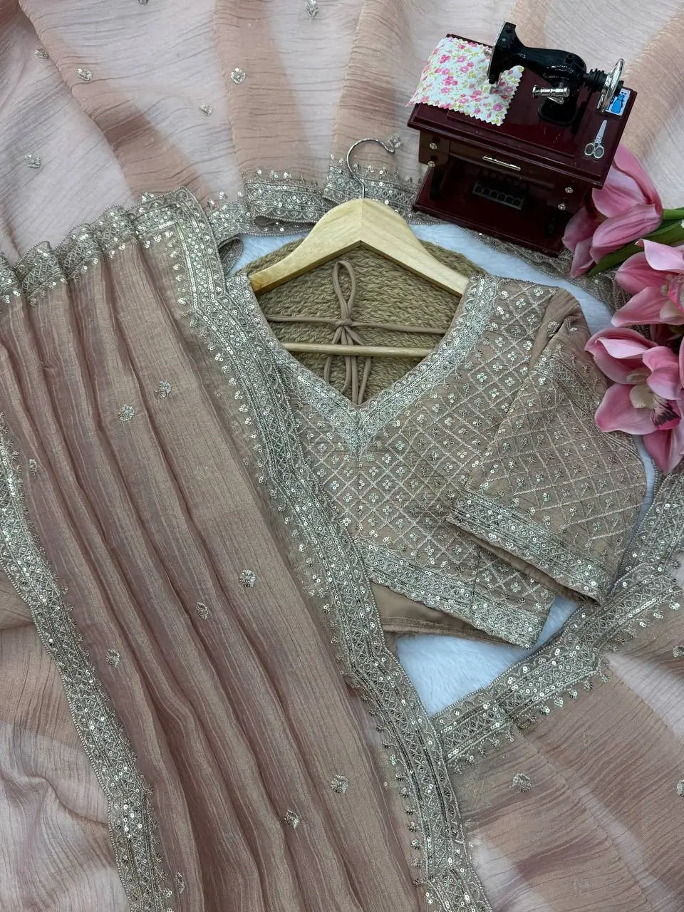 Mauve Tissue Crush Saree/ Pastel Tissue Silk Saree