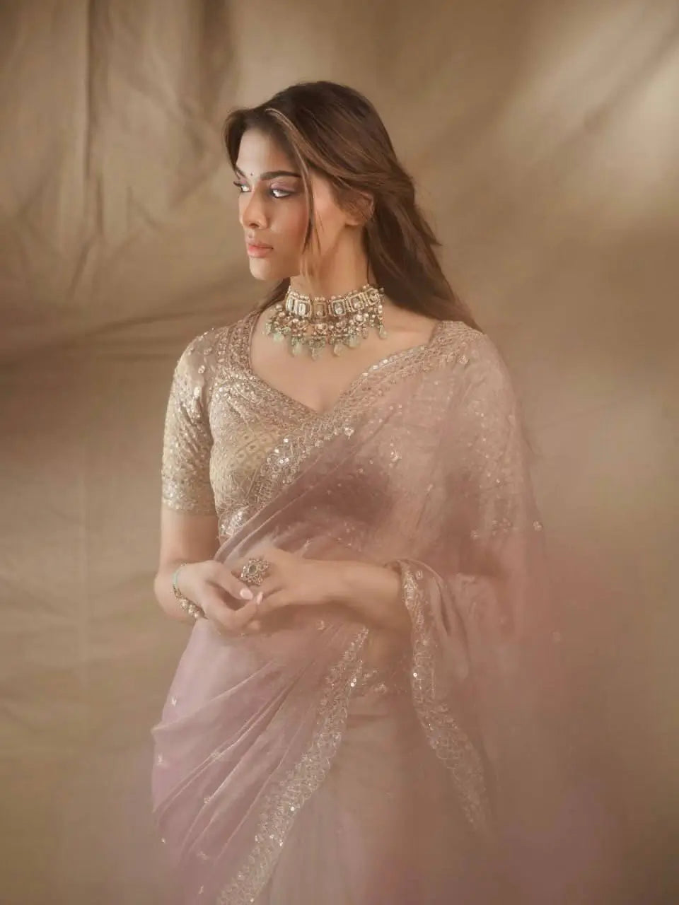 Mauve Tissue Crush Saree/ Pastel Tissue Silk Saree