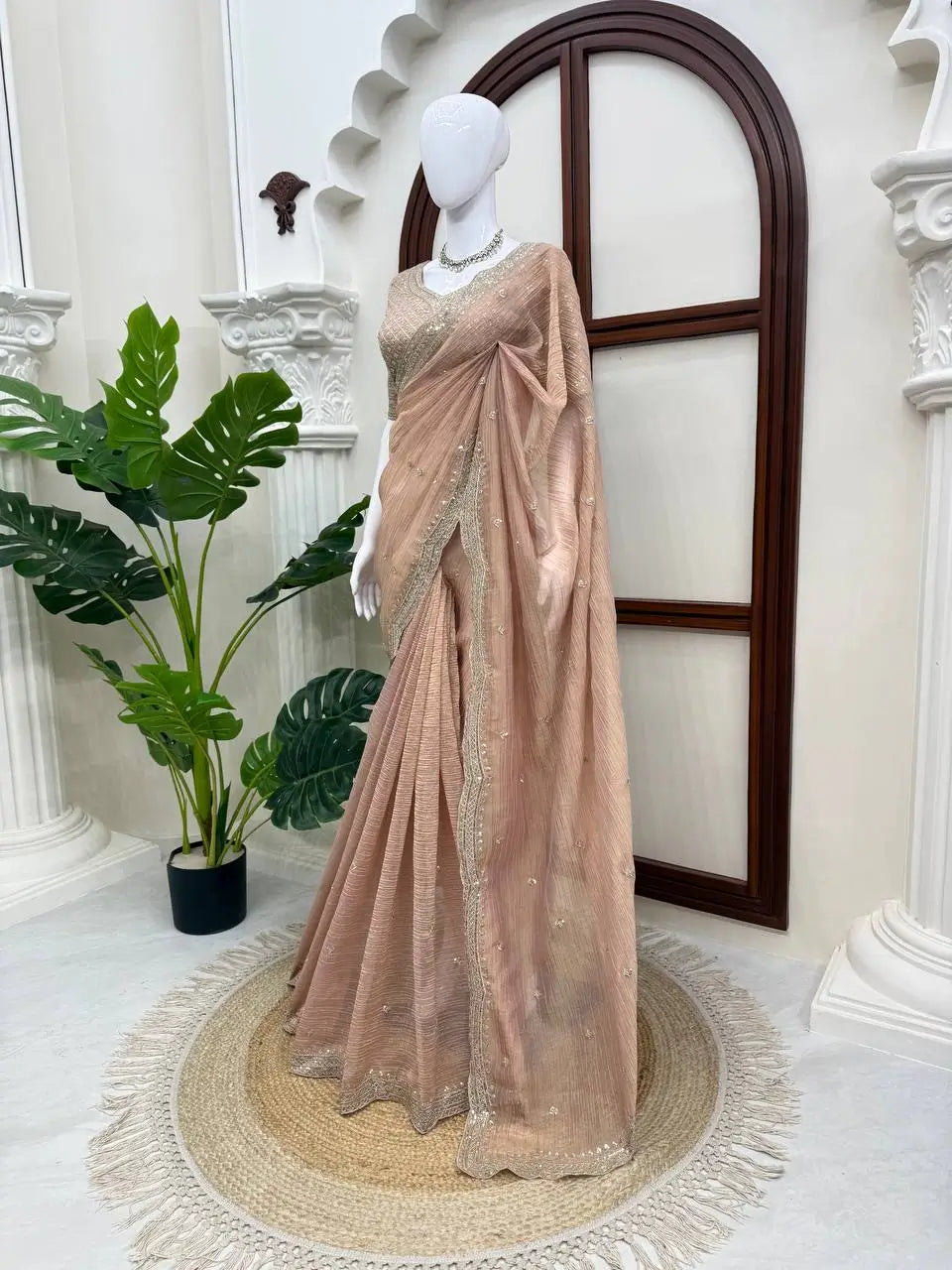 Mauve Tissue Crush Saree/ Pastel Tissue Silk Saree