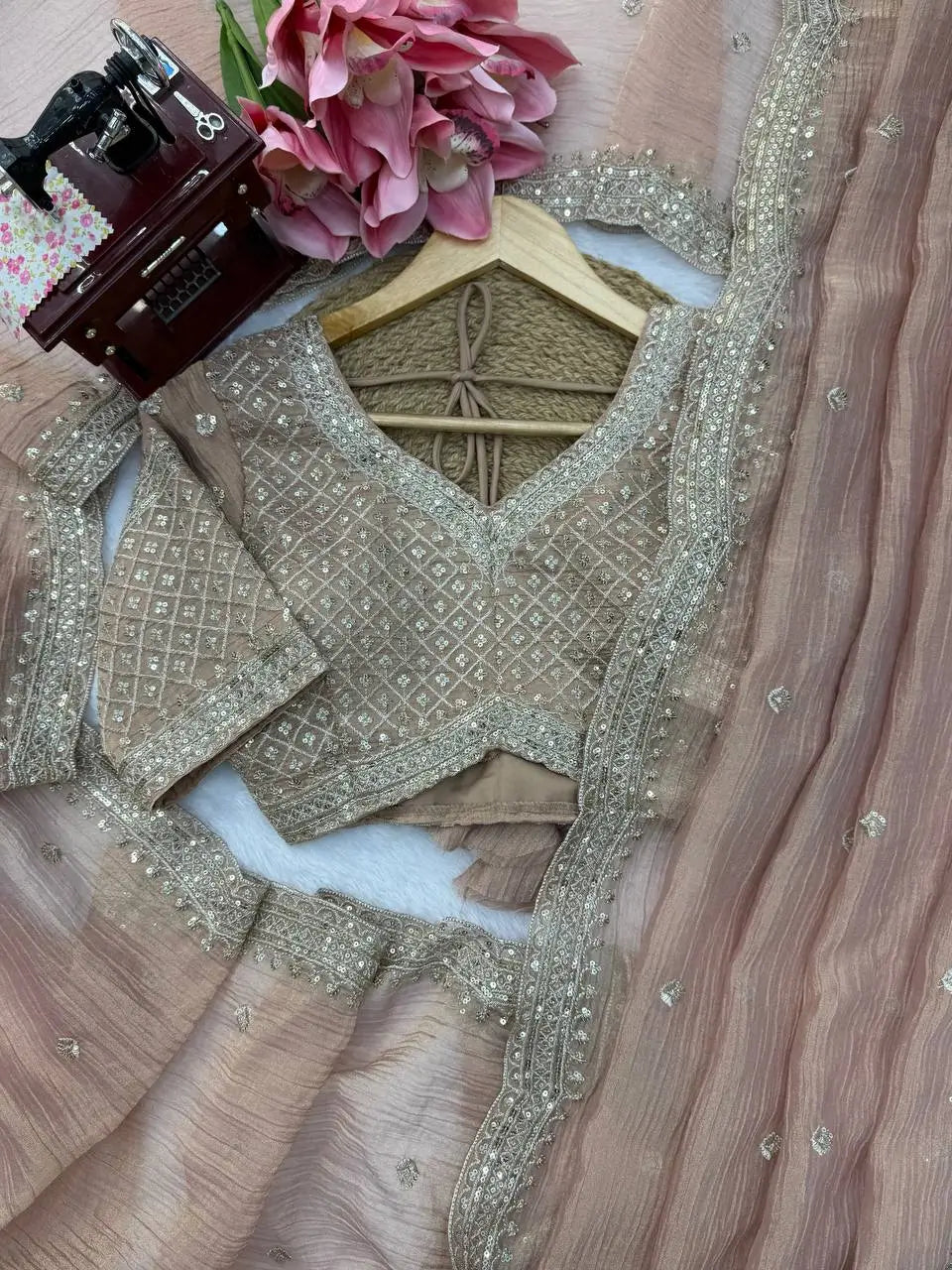 Mauve Tissue Crush Saree/ Pastel Tissue Silk Saree