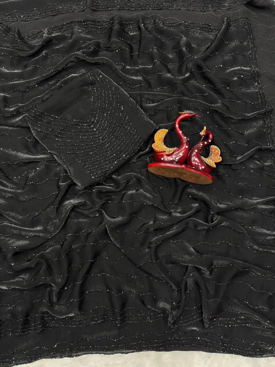 Midnight Black Space Silk Saree with Diamond Work for Party and Reception Wear