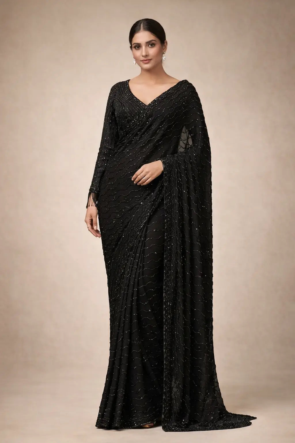 Midnight Black Space Silk Saree with Diamond Work for Party and Reception Wear