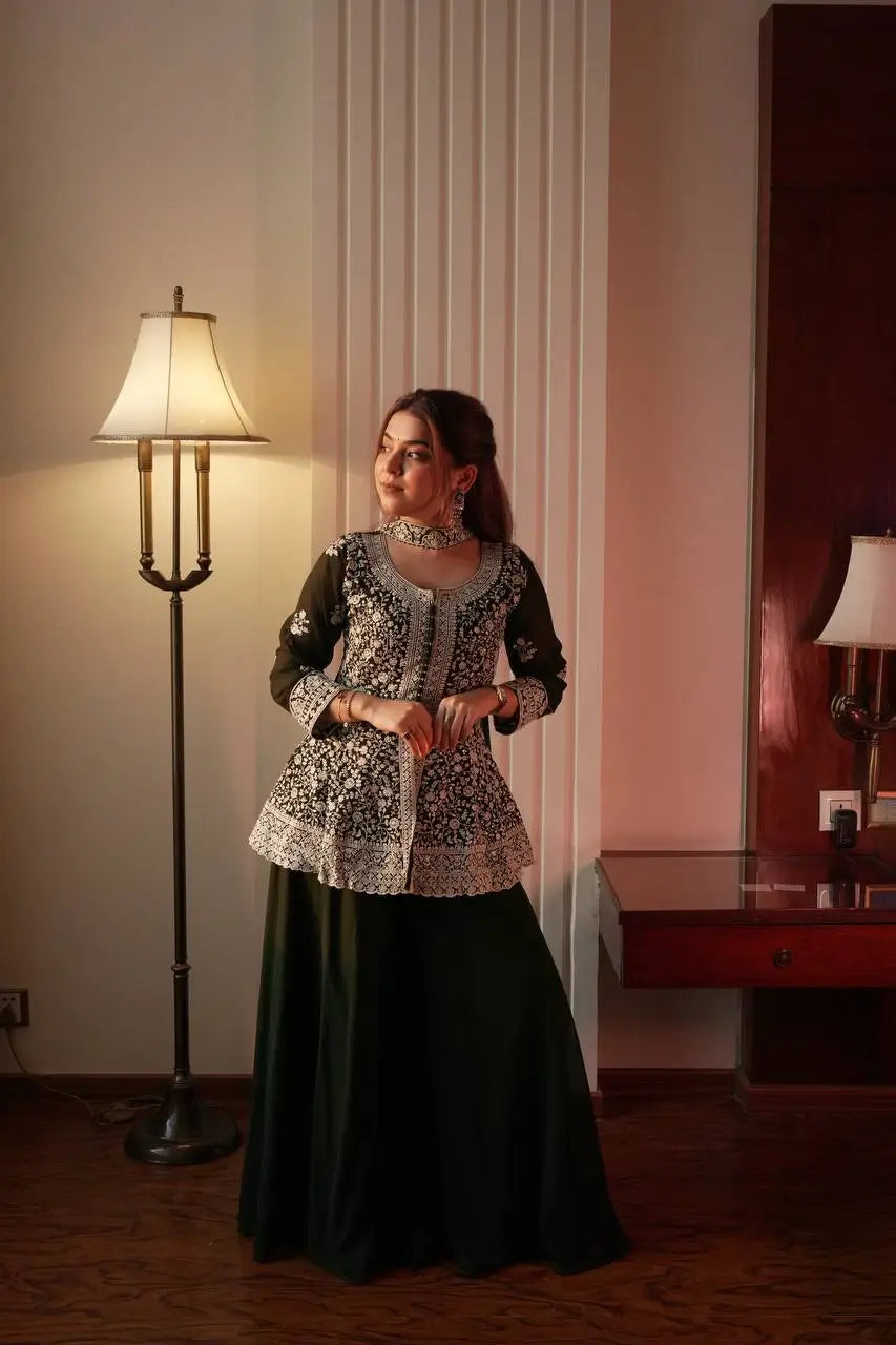 Midnight Blue Georgette Sequins Embroidered Kurti Palazzo Set for Wedding & Festive Wear