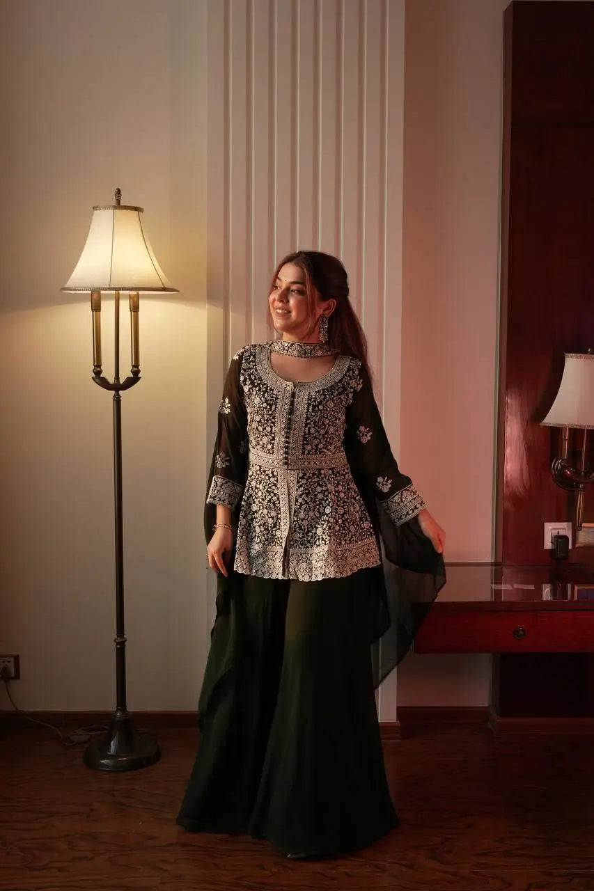 Midnight Blue Georgette Sequins Embroidered Kurti Palazzo Set for Wedding & Festive Wear