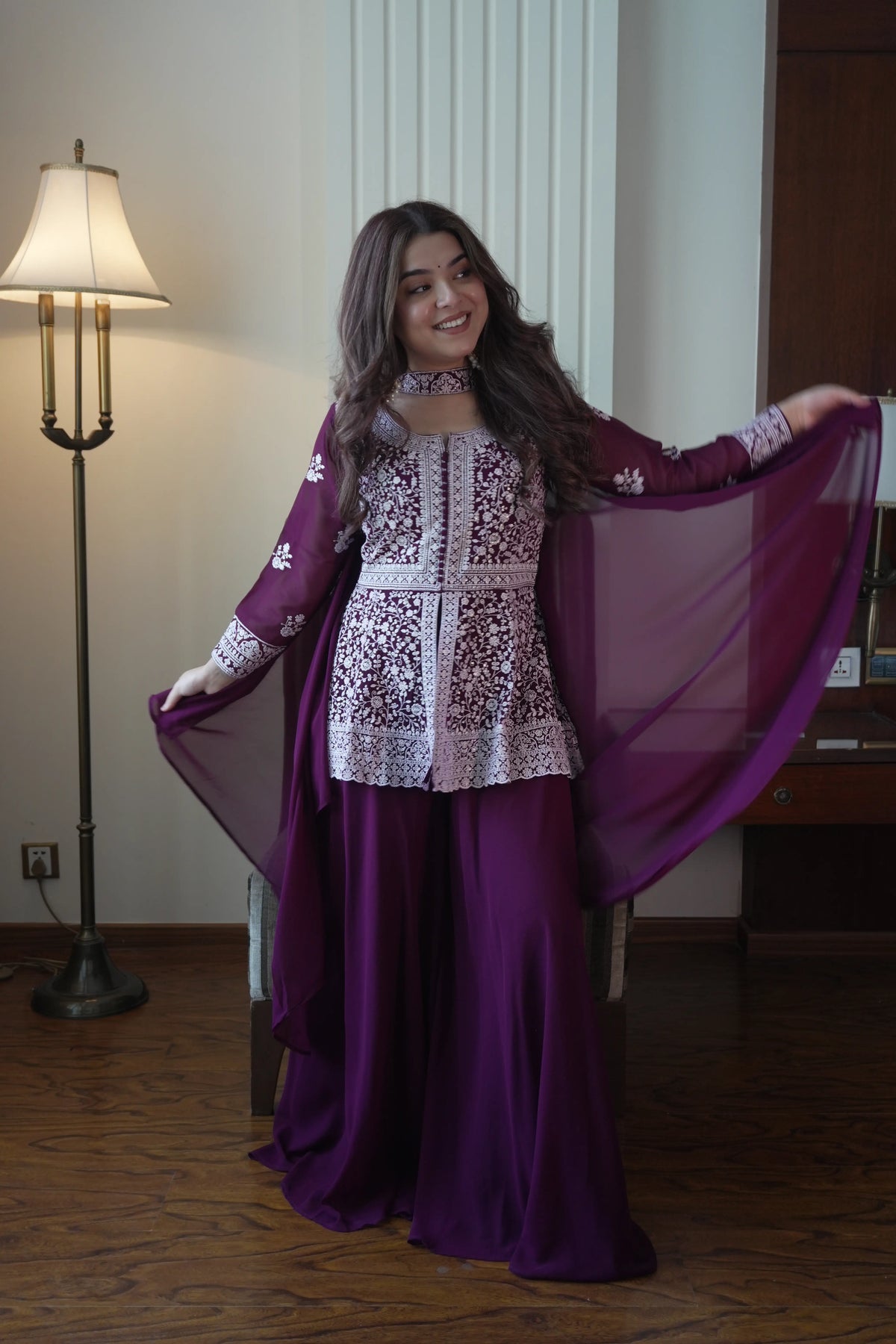 Midnight Blue Georgette Sequins Embroidered Kurti Palazzo Set for Wedding & Festive Wear