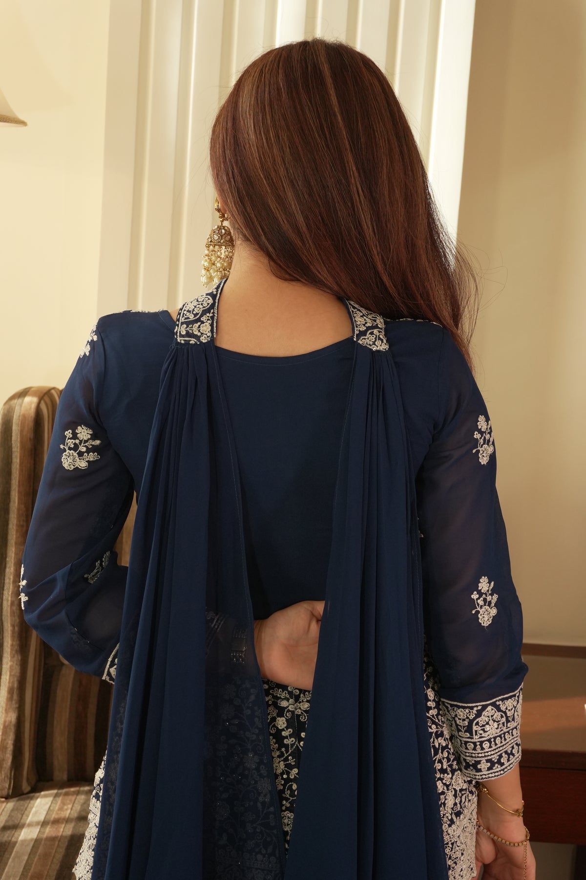 Midnight Blue Georgette Sequins Embroidered Kurti Palazzo Set for Wedding & Festive Wear