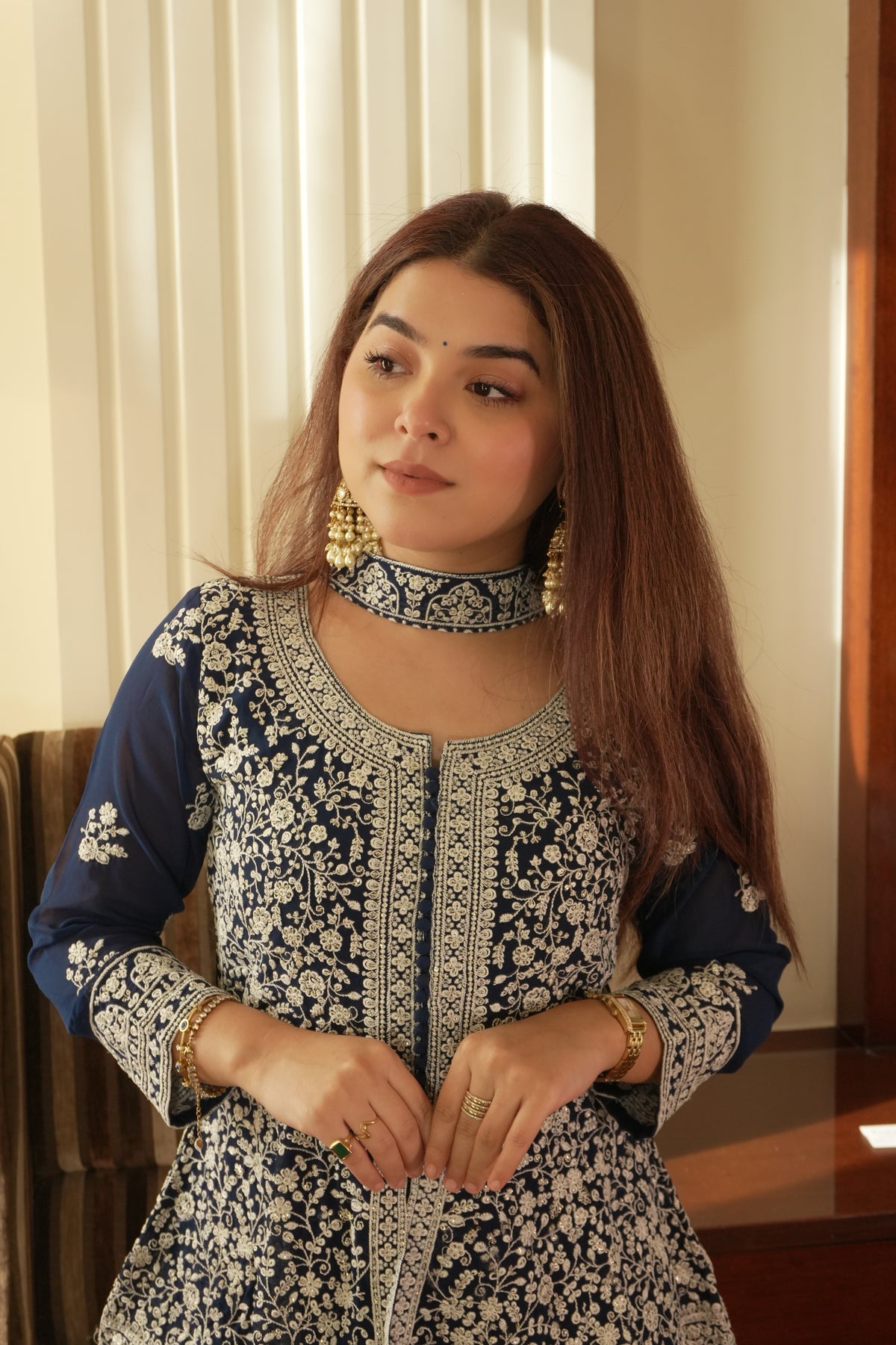 Midnight Blue Georgette Sequins Embroidered Kurti Palazzo Set for Wedding & Festive Wear