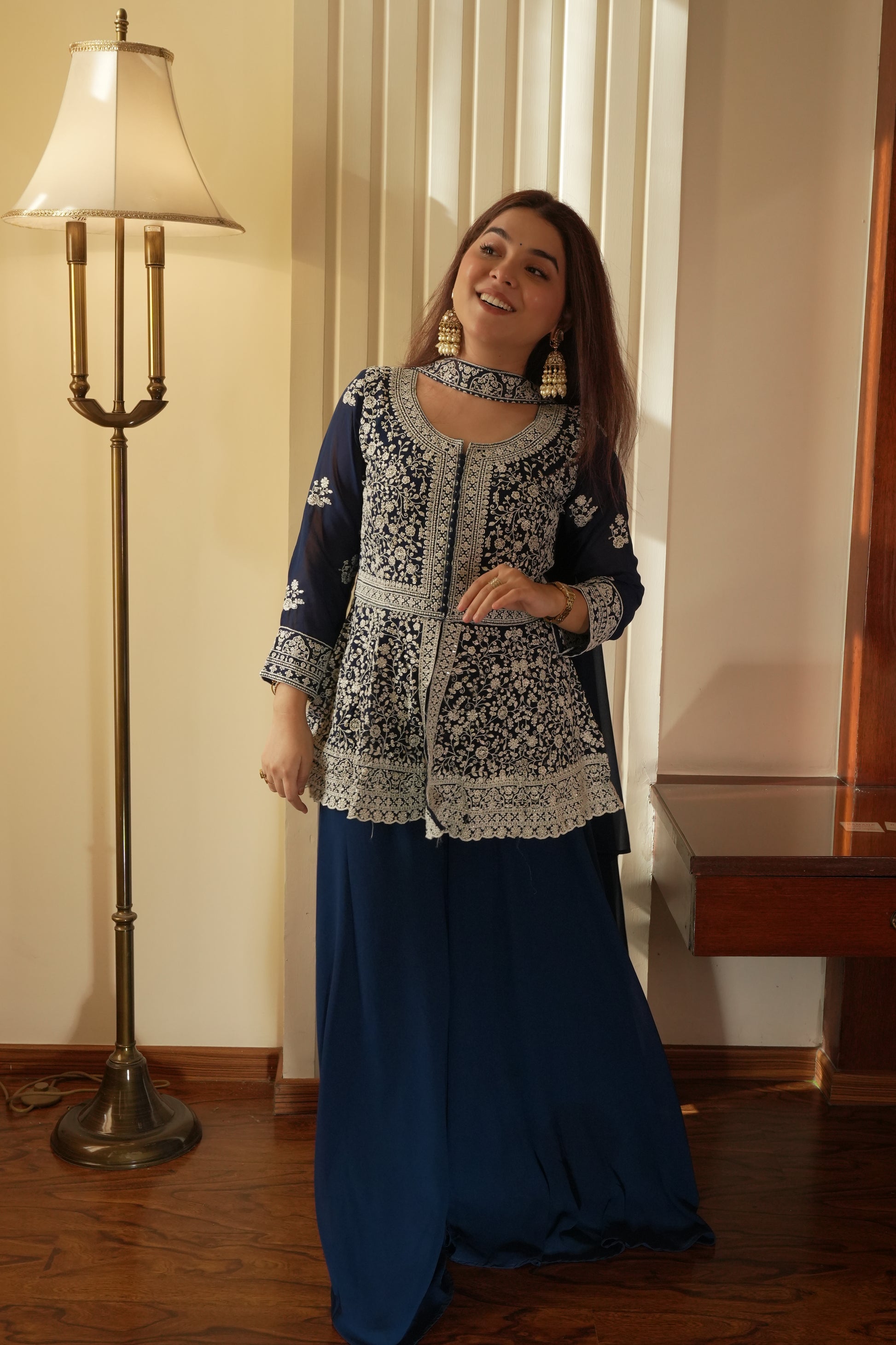 Midnight Blue Georgette Sequins Embroidered Kurti Palazzo Set for Wedding & Festive Wear