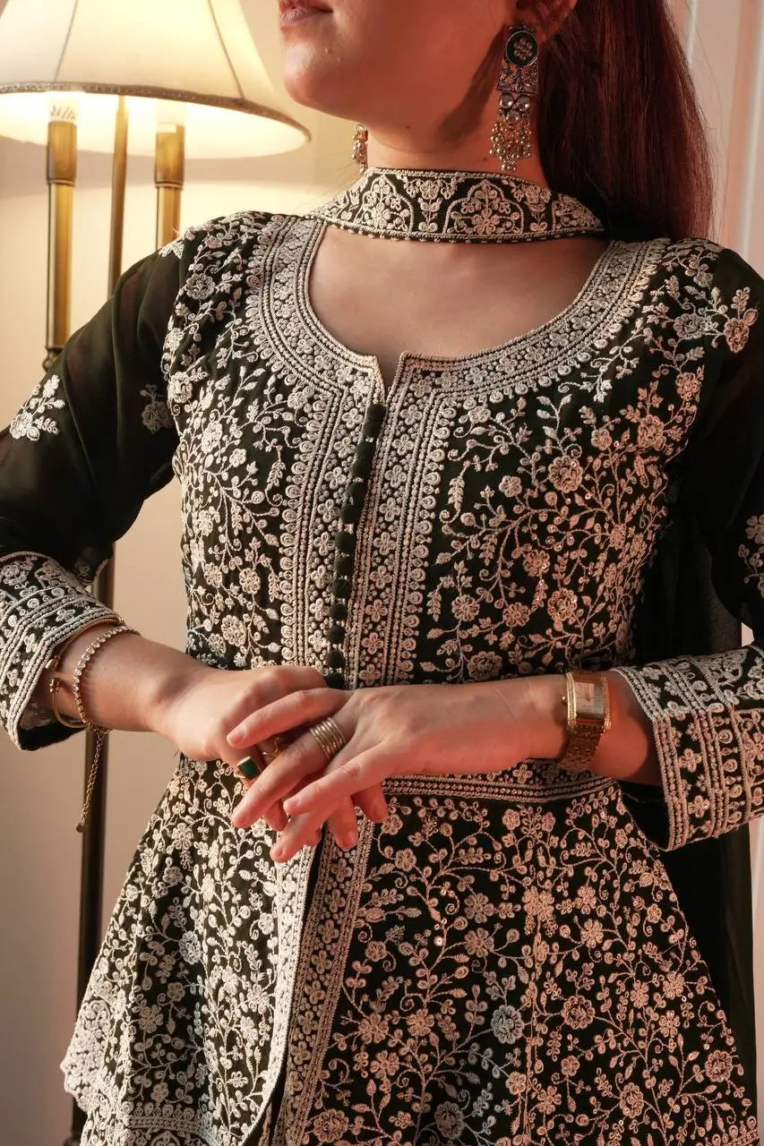 Midnight Blue Georgette Sequins Embroidered Kurti Palazzo Set for Wedding & Festive Wear