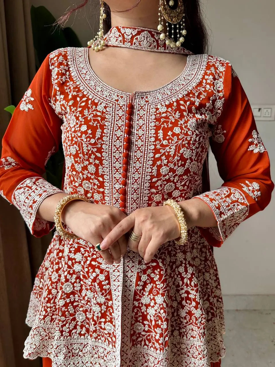 Midnight Blue Georgette Sequins Embroidered Kurti Palazzo Set for Wedding & Festive Wear