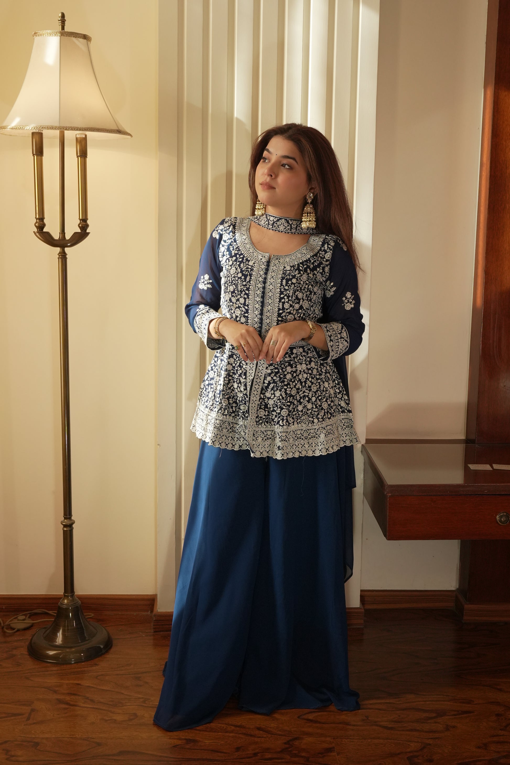 Midnight Blue Georgette Sequins Embroidered Kurti Palazzo Set for Wedding & Festive Wear