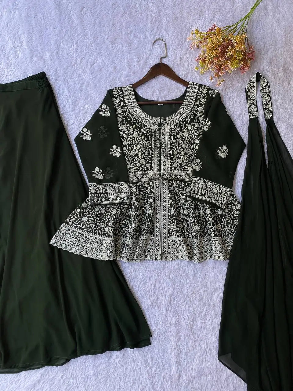 Midnight Blue Georgette Sequins Embroidered Kurti Palazzo Set for Wedding & Festive Wear