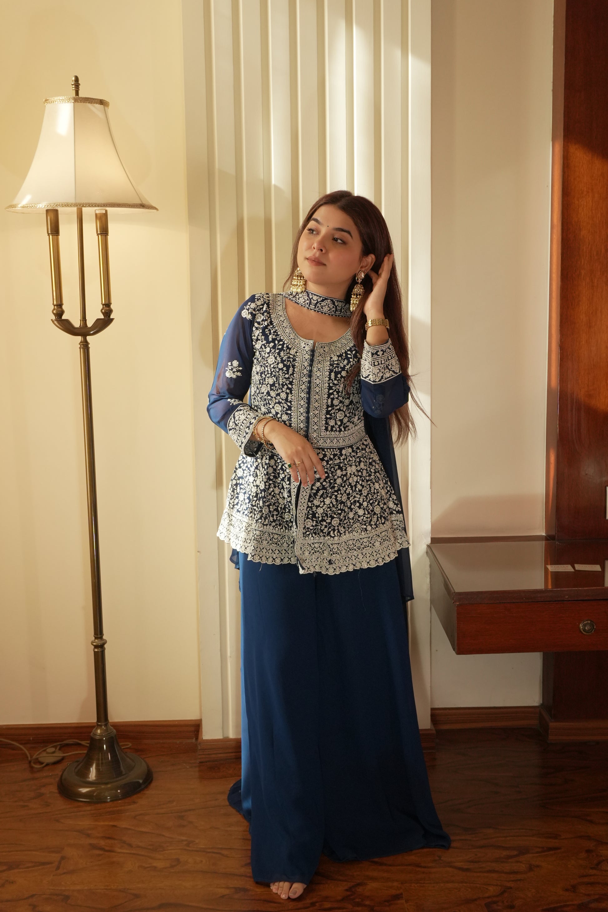 Midnight Blue Georgette Sequins Embroidered Kurti Palazzo Set for Wedding & Festive Wear
