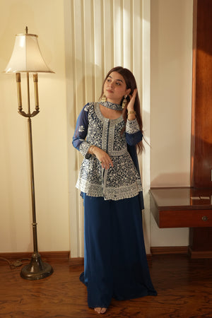 Midnight Blue Georgette Sequins Embroidered Kurti Palazzo Set for Wedding & Festive Wear