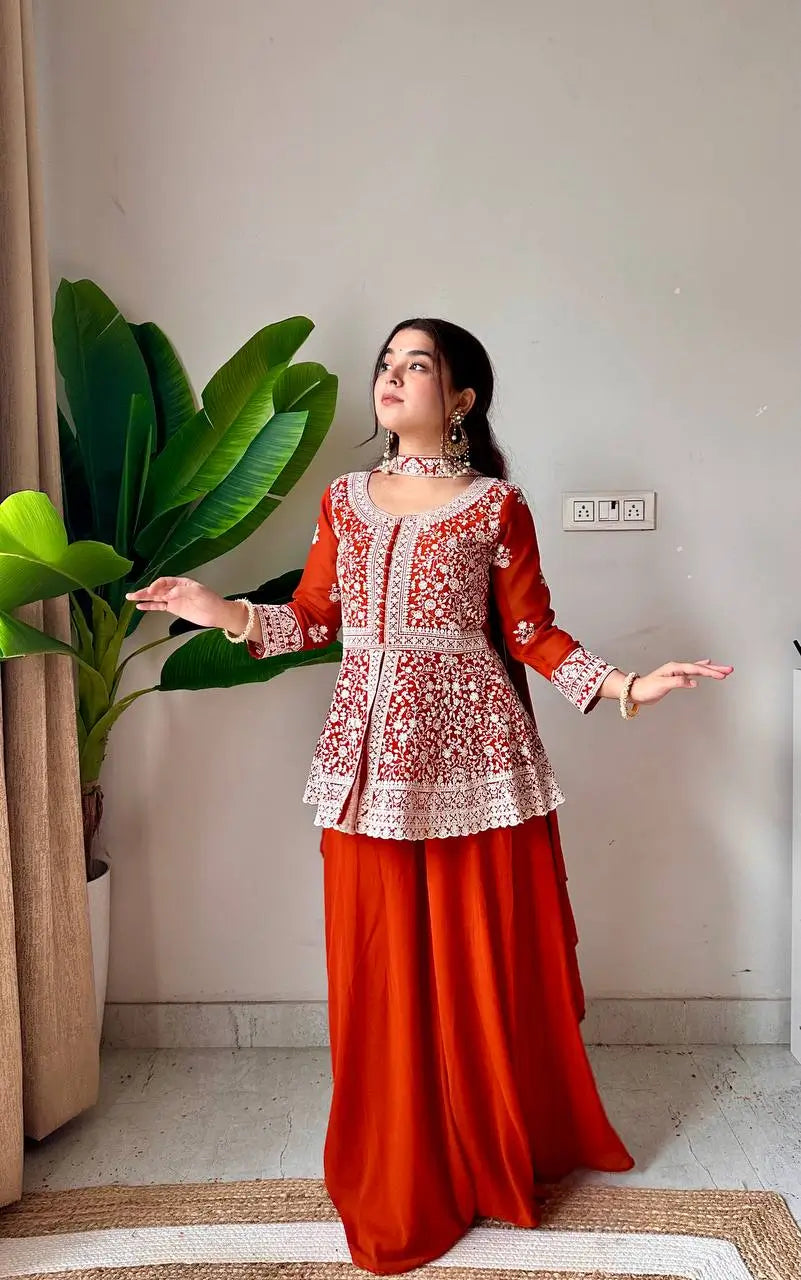 Midnight Blue Georgette Sequins Embroidered Kurti Palazzo Set for Wedding & Festive Wear