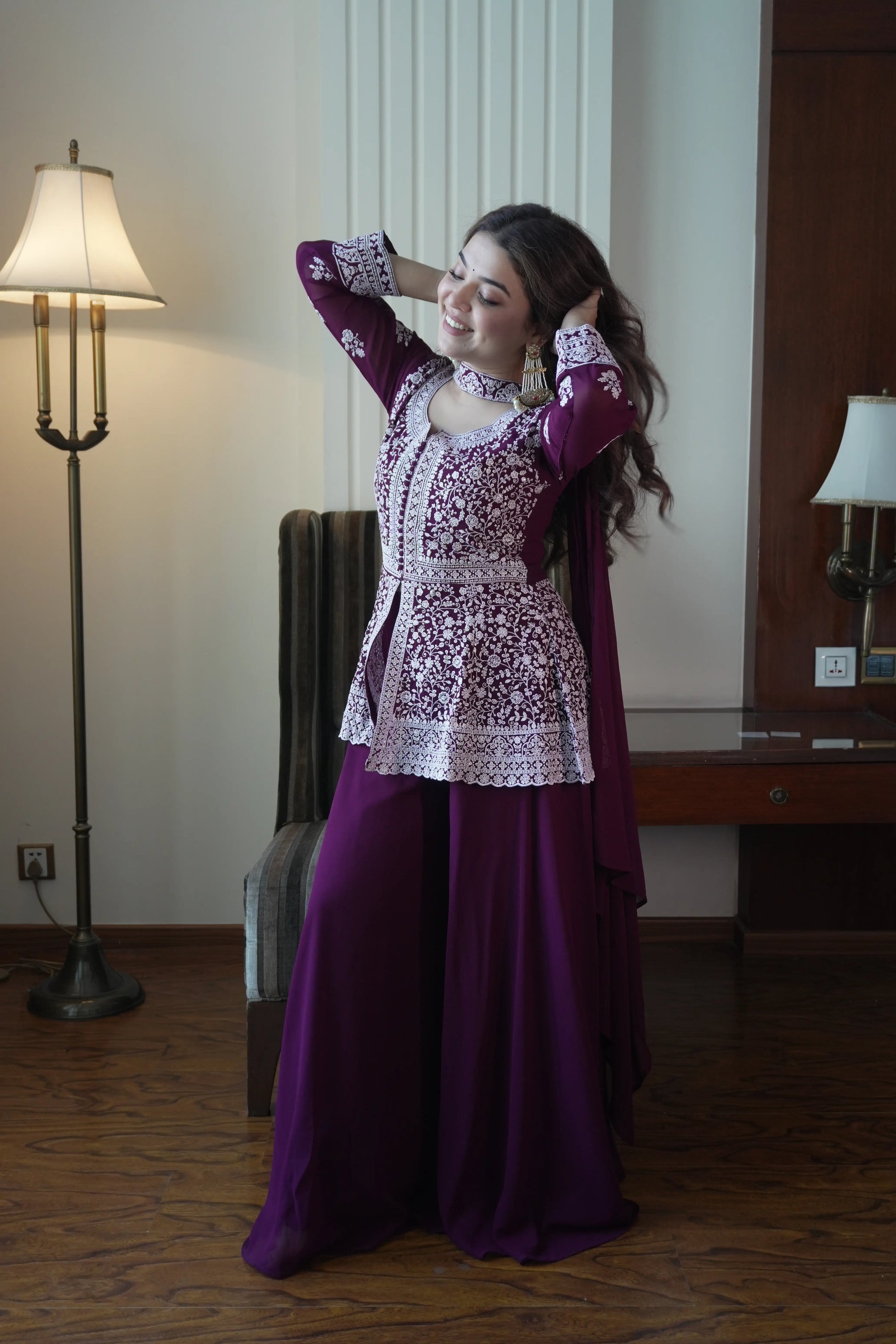 Midnight Blue Georgette Sequins Embroidered Kurti Palazzo Set for Wedding & Festive Wear