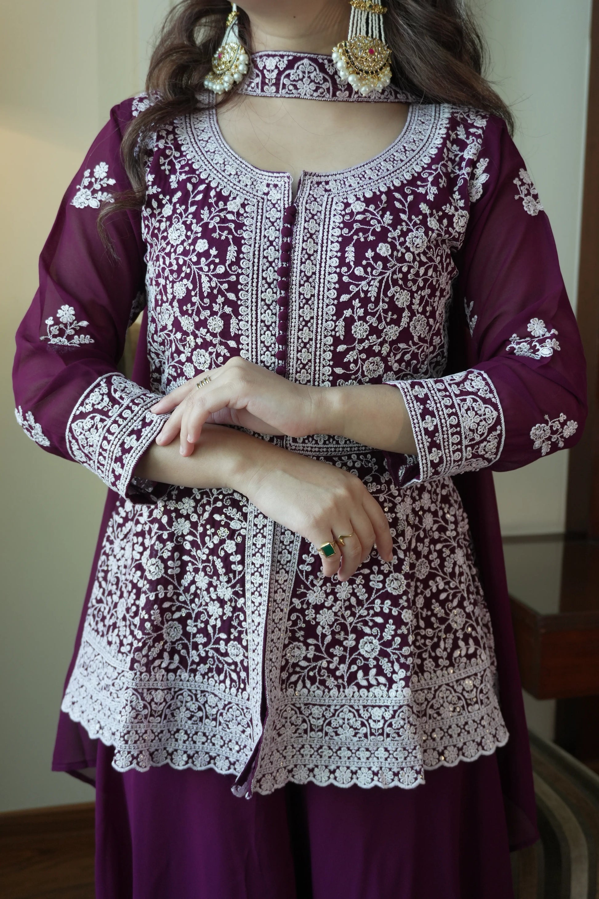 Midnight Blue Georgette Sequins Embroidered Kurti Palazzo Set for Wedding & Festive Wear