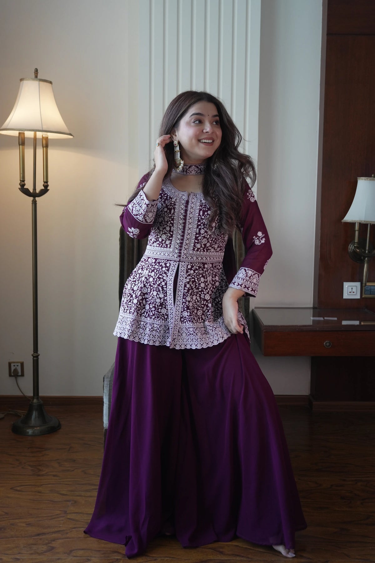 Midnight Blue Georgette Sequins Embroidered Kurti Palazzo Set for Wedding & Festive Wear