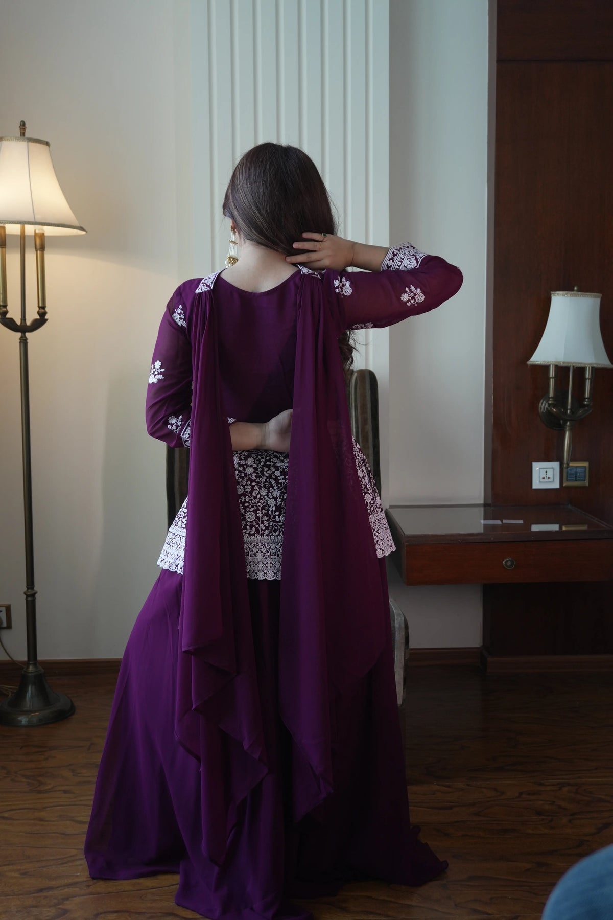 Midnight Blue Georgette Sequins Embroidered Kurti Palazzo Set for Wedding & Festive Wear