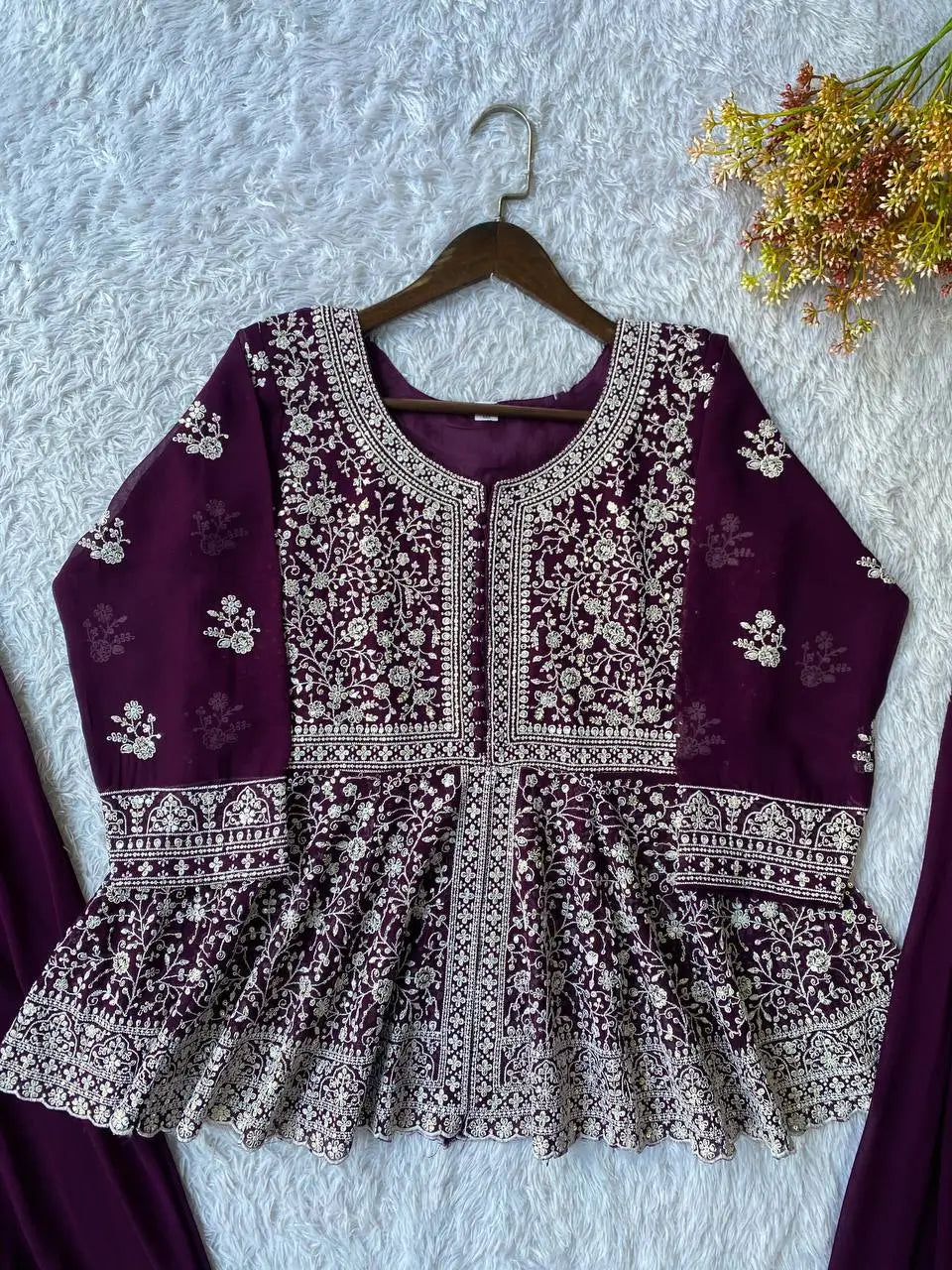 Midnight Blue Georgette Sequins Embroidered Kurti Palazzo Set for Wedding & Festive Wear