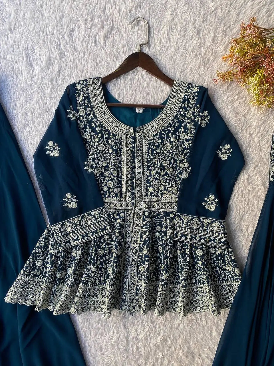Midnight Blue Georgette Sequins Embroidered Kurti Palazzo Set for Wedding & Festive Wear