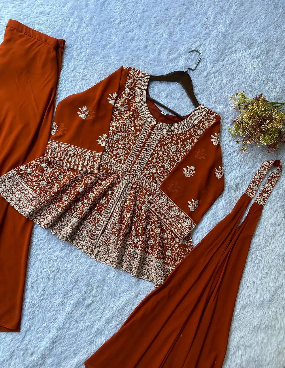 Midnight Blue Georgette Sequins Embroidered Kurti Palazzo Set for Wedding & Festive Wear