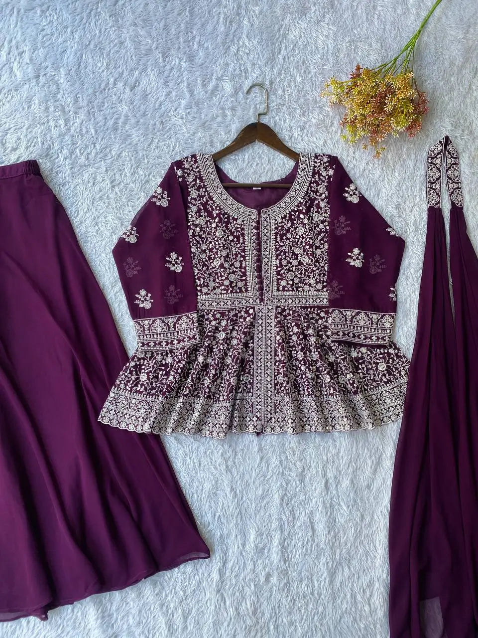 Midnight Blue Georgette Sequins Embroidered Kurti Palazzo Set for Wedding & Festive Wear