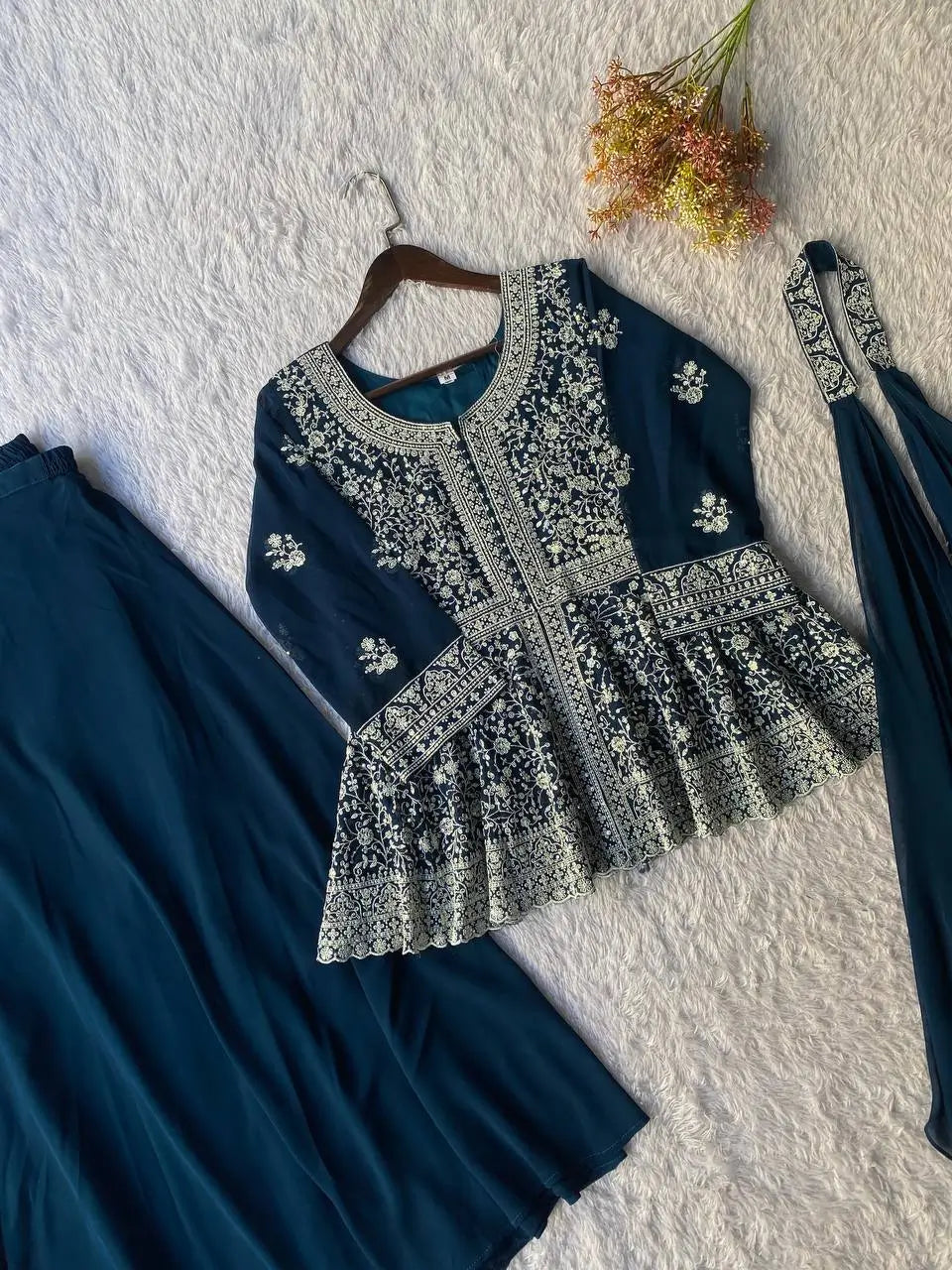 Midnight Blue Georgette Sequins Embroidered Kurti Palazzo Set for Wedding & Festive Wear