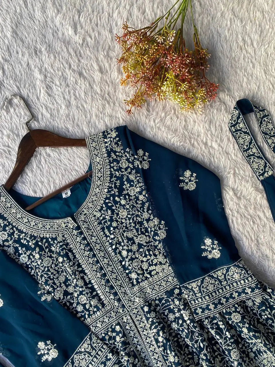 Midnight Blue Georgette Sequins Embroidered Kurti Palazzo Set for Wedding & Festive Wear