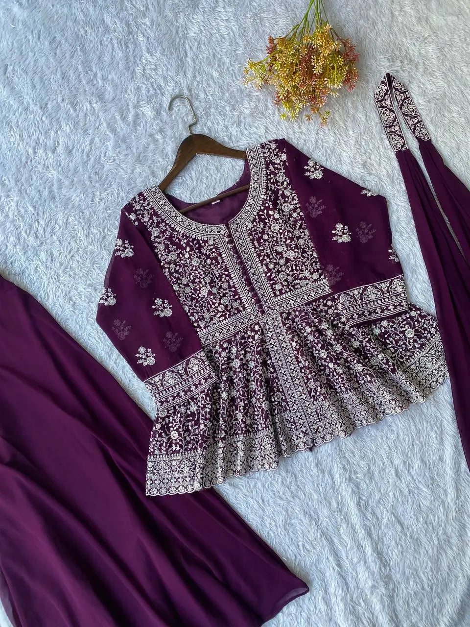 Midnight Blue Georgette Sequins Embroidered Kurti Palazzo Set for Wedding & Festive Wear