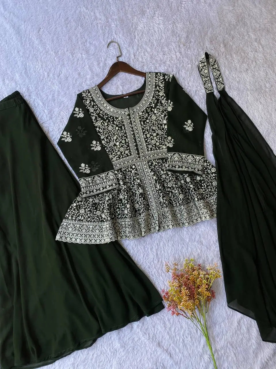Midnight Blue Georgette Sequins Embroidered Kurti Palazzo Set for Wedding & Festive Wear