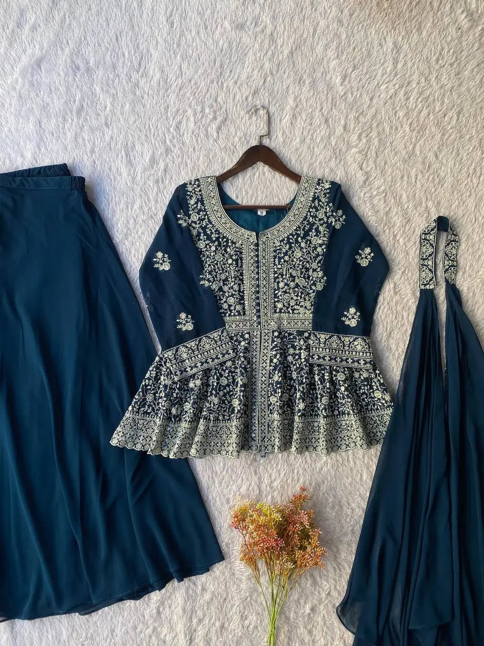 Midnight Blue Georgette Sequins Embroidered Kurti Palazzo Set for Wedding & Festive Wear