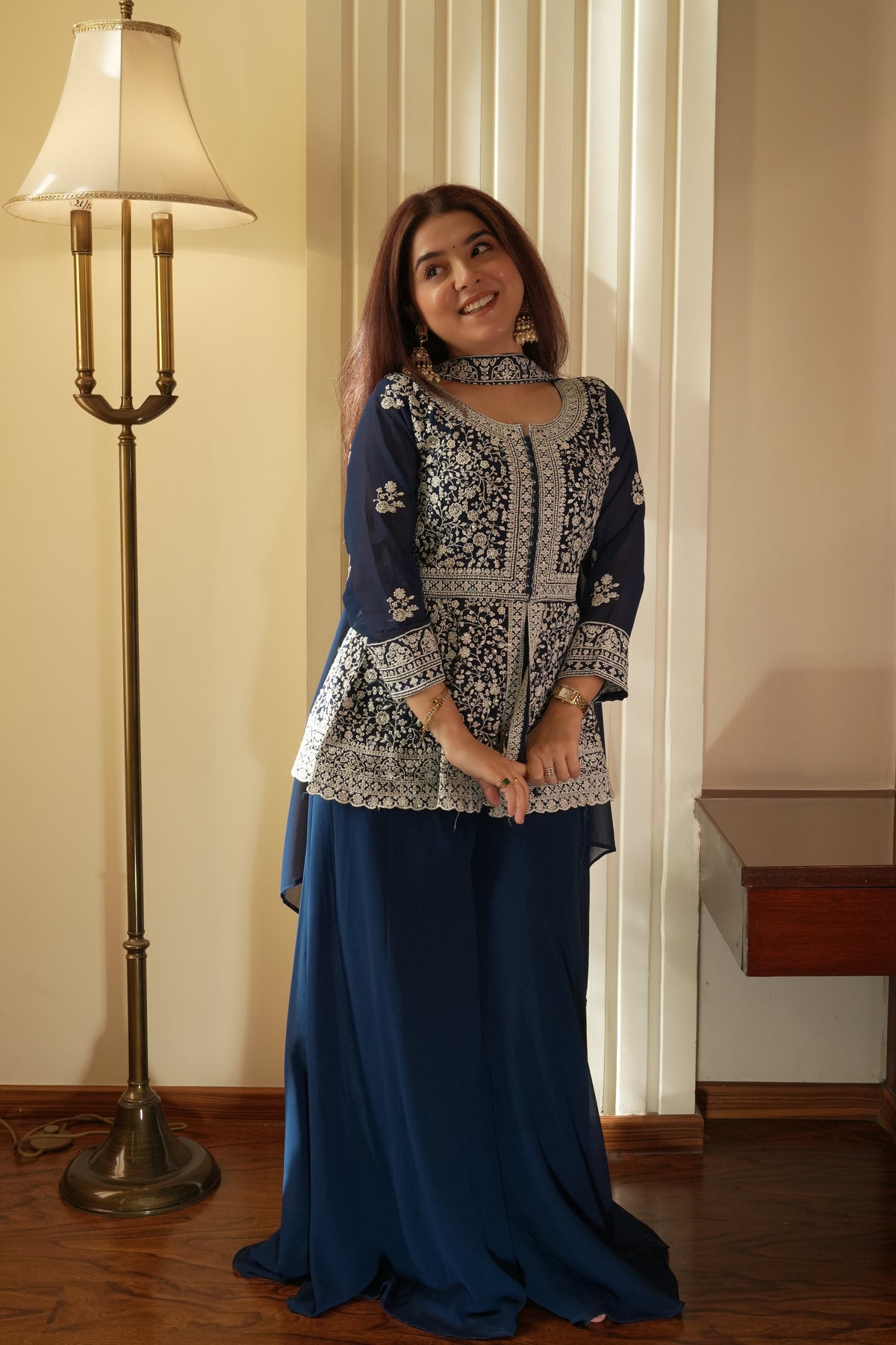 Midnight Blue Georgette Sequins Embroidered Kurti Palazzo Set for Wedding & Festive Wear
