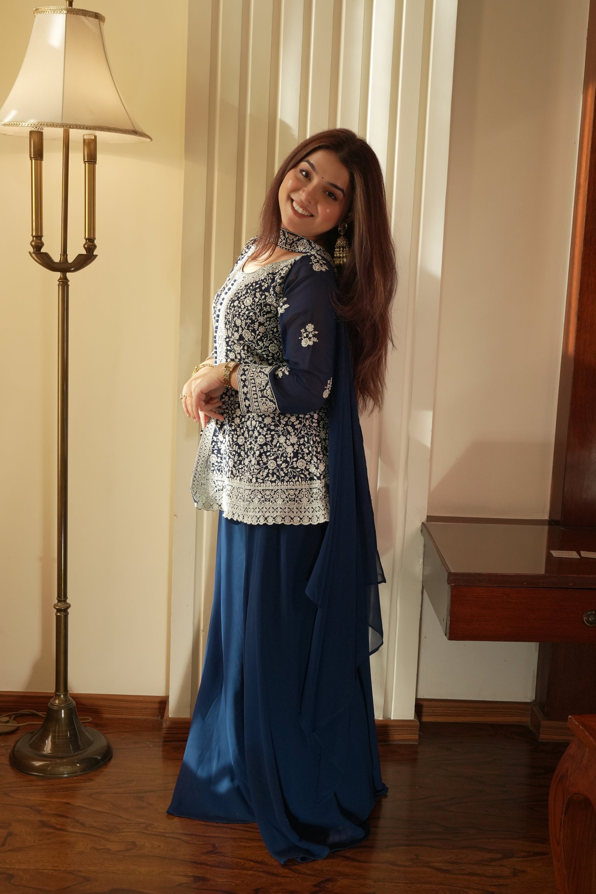 Midnight Blue Georgette Sequins Embroidered Kurti Palazzo Set for Wedding & Festive Wear