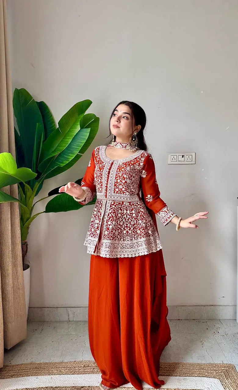 Midnight Blue Georgette Sequins Embroidered Kurti Palazzo Set for Wedding & Festive Wear