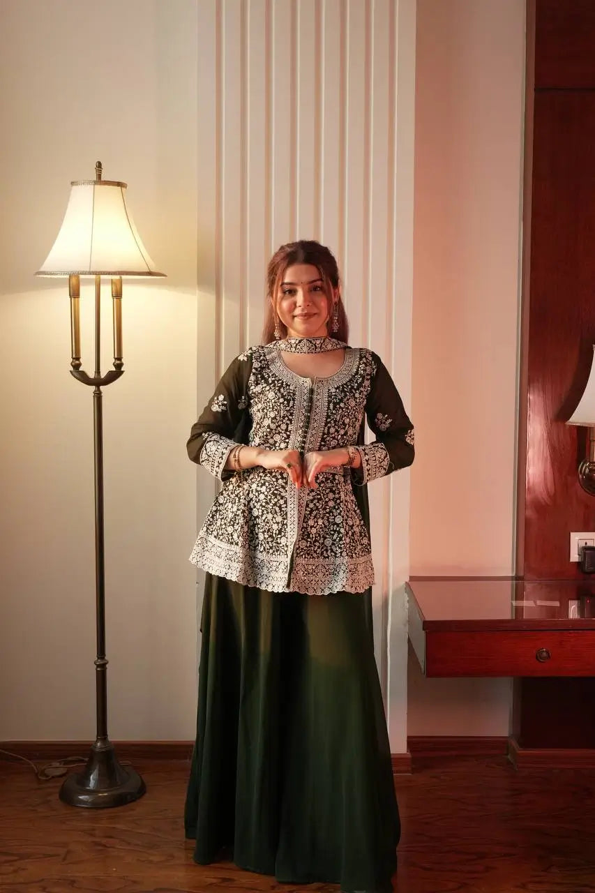 Midnight Blue Georgette Sequins Embroidered Kurti Palazzo Set for Wedding & Festive Wear