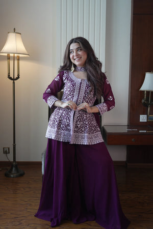 Midnight Blue Georgette Sequins Embroidered Kurti Palazzo Set for Wedding & Festive Wear