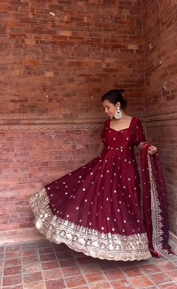 Midnight Elegance Chinon Silk Anarkali Set for Wedding and Reception Wear