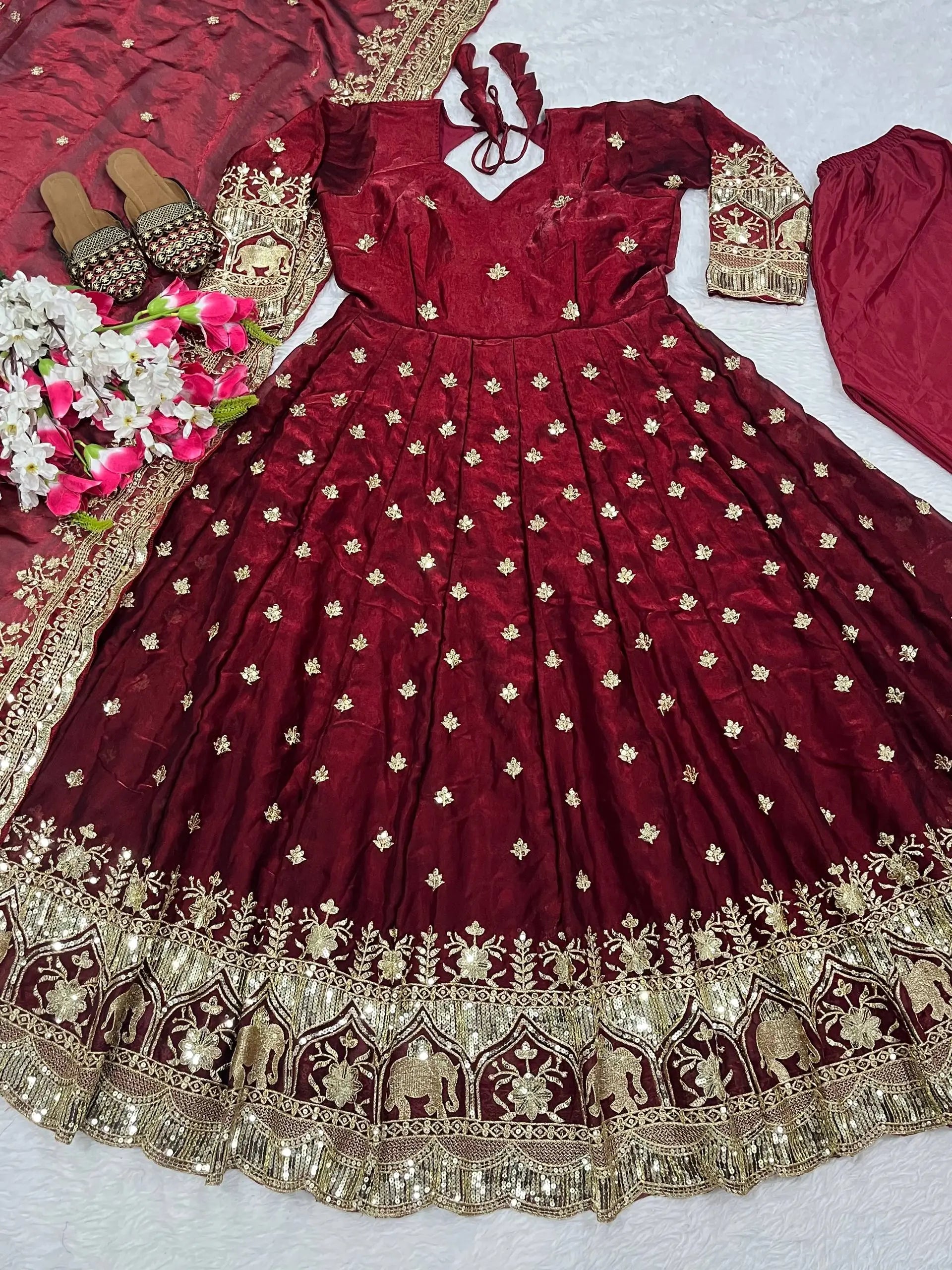 Midnight Elegance Chinon Silk Anarkali Set for Wedding and Reception Wear