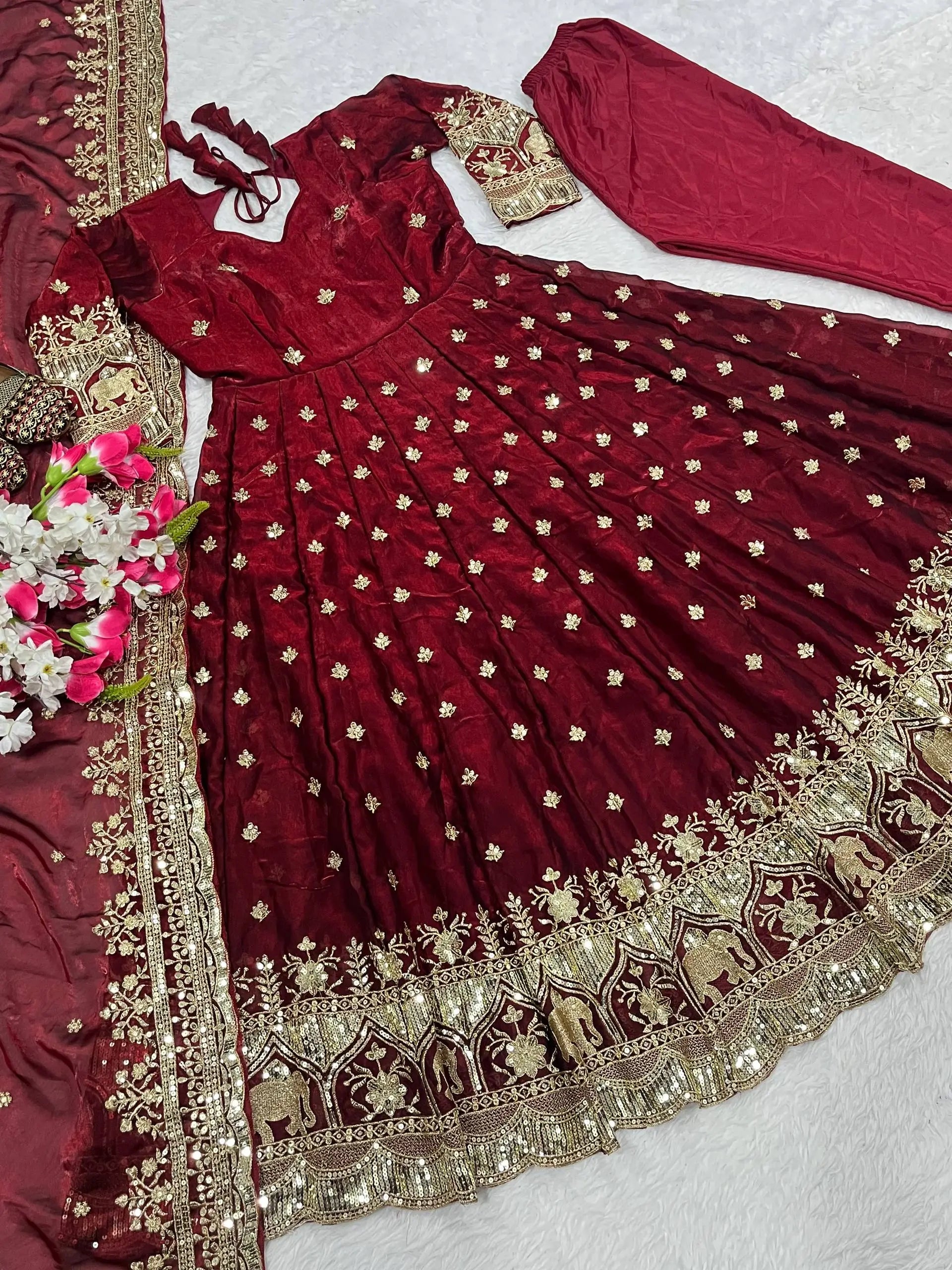 Midnight Elegance Chinon Silk Anarkali Set for Wedding and Reception Wear