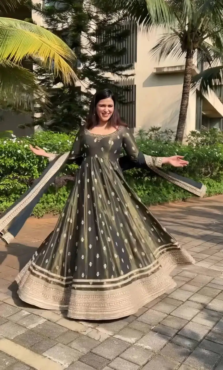 Midnight Elegance Chinon Silk Anarkali Set for Wedding and Reception Wear