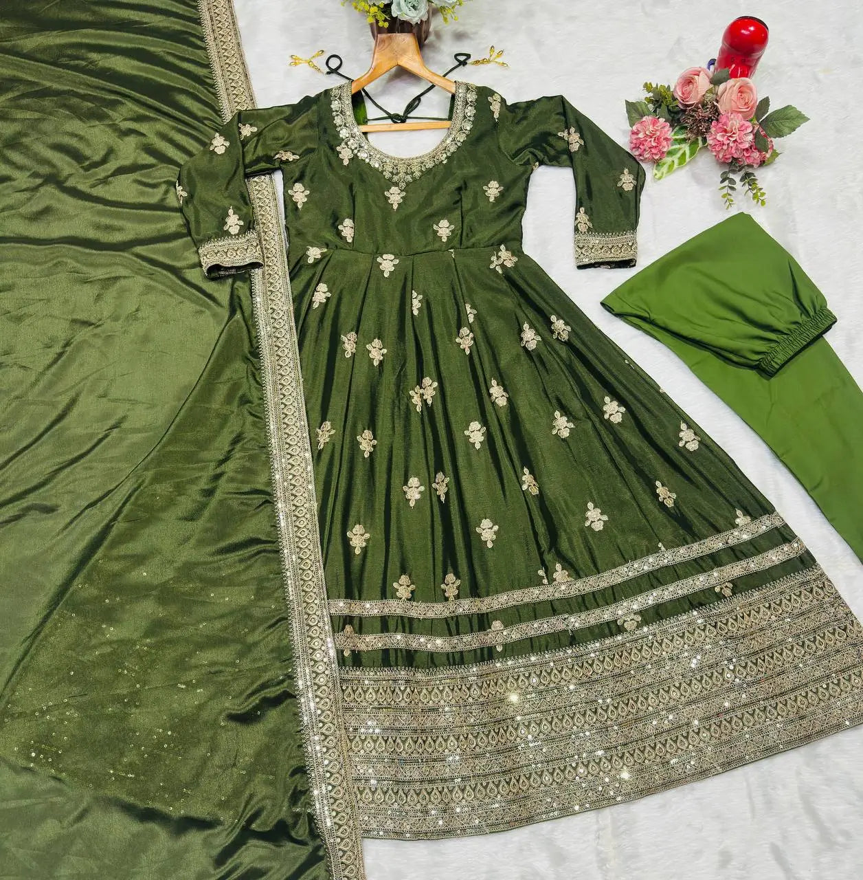 Midnight Elegance Chinon Silk Anarkali Set for Wedding and Reception Wear