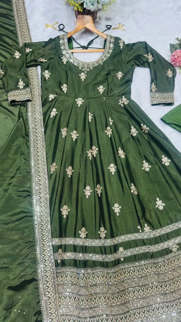 Midnight Elegance Chinon Silk Anarkali Set for Wedding and Reception Wear