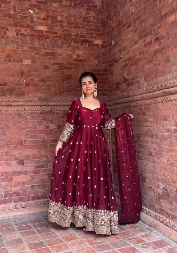 Midnight Elegance Chinon Silk Anarkali Set for Wedding and Reception Wear